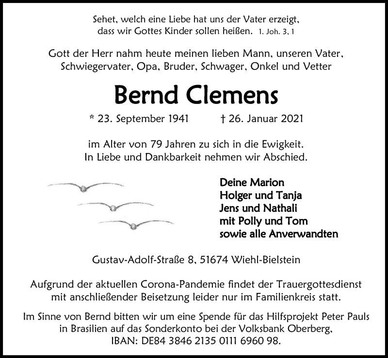  Traueranzeige für Bernd Clemens vom 28.01.2021 aus Kölner Stadt-Anzeiger / Kölnische Rundschau / Express