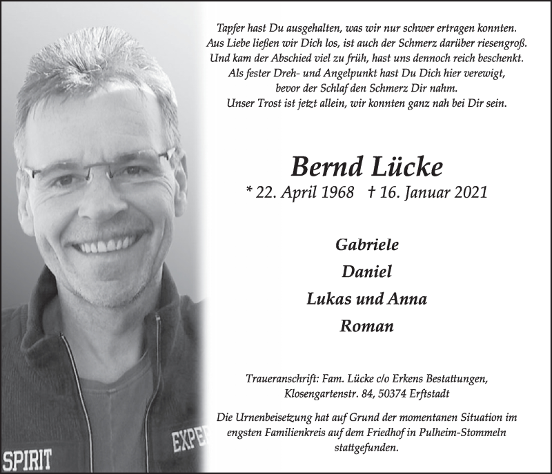  Traueranzeige für Bernd Lücke vom 29.01.2021 aus  Werbepost 