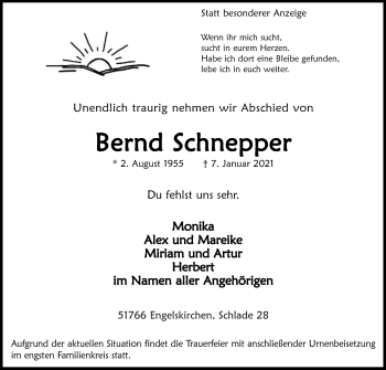 Anzeige von Bernd Schnepper von Kölner Stadt-Anzeiger / Kölnische Rundschau / Express