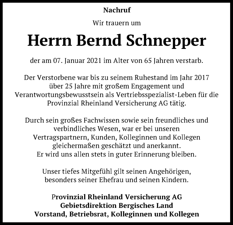  Traueranzeige für Bernd Schnepper vom 23.01.2021 aus Kölner Stadt-Anzeiger / Kölnische Rundschau / Express