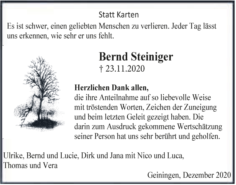  Traueranzeige für Bernd Steiniger vom 08.01.2021 aus  Lokalanzeiger 