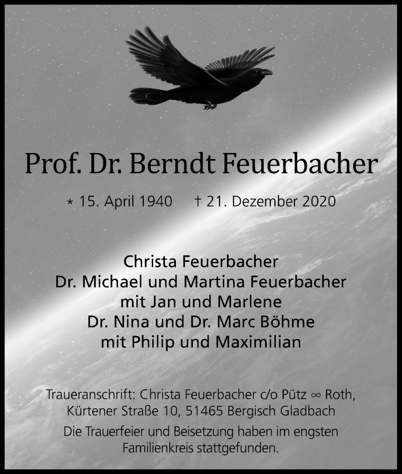  Traueranzeige für Berndt Feuerbacher vom 09.01.2021 aus Kölner Stadt-Anzeiger / Kölnische Rundschau / Express