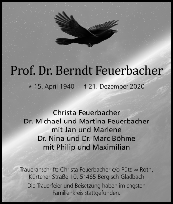 Anzeige von Berndt Feuerbacher von Kölner Stadt-Anzeiger / Kölnische Rundschau / Express
