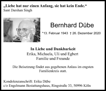 Anzeige von Bernhard Dübe von Kölner Stadt-Anzeiger / Kölnische Rundschau / Express
