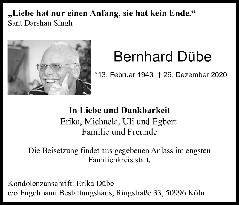  Traueranzeige für Bernhard Dübe vom 06.01.2021 aus Kölner Stadt-Anzeiger / Kölnische Rundschau / Express