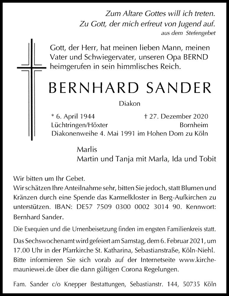  Traueranzeige für Bernhard Sander vom 02.01.2021 aus Kölner Stadt-Anzeiger / Kölnische Rundschau / Express