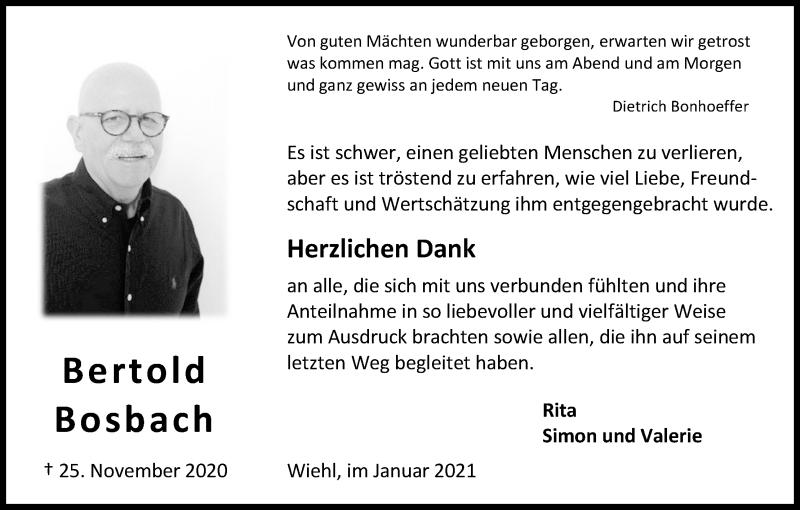  Traueranzeige für Bertold Bosbach vom 23.01.2021 aus Kölner Stadt-Anzeiger / Kölnische Rundschau / Express