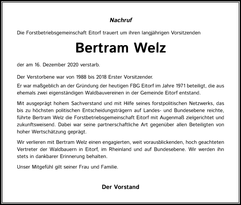  Traueranzeige für Bertram Welz vom 09.01.2021 aus Kölner Stadt-Anzeiger / Kölnische Rundschau / Express