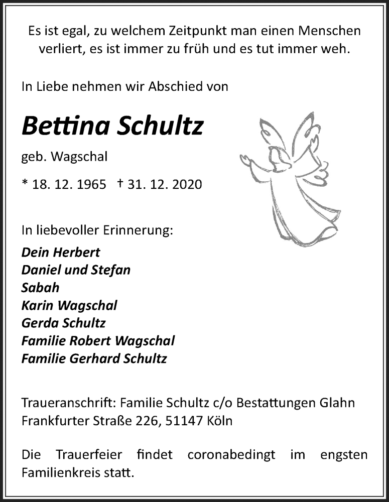  Traueranzeige für Bettina Schultz vom 09.01.2021 aus Kölner Stadt-Anzeiger / Kölnische Rundschau / Express