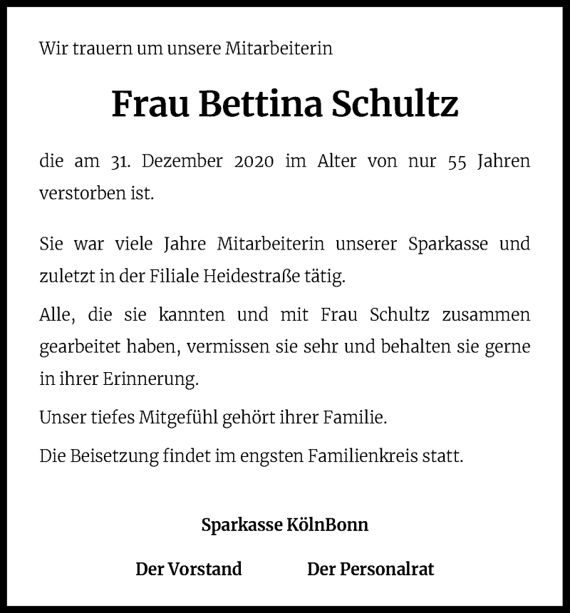  Traueranzeige für Bettina Schultz vom 15.01.2021 aus Kölner Stadt-Anzeiger / Kölnische Rundschau / Express