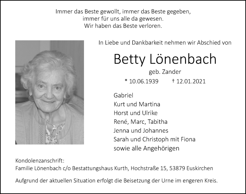  Traueranzeige für Betty Lönenbach vom 23.01.2021 aus  Blickpunkt Euskirchen 