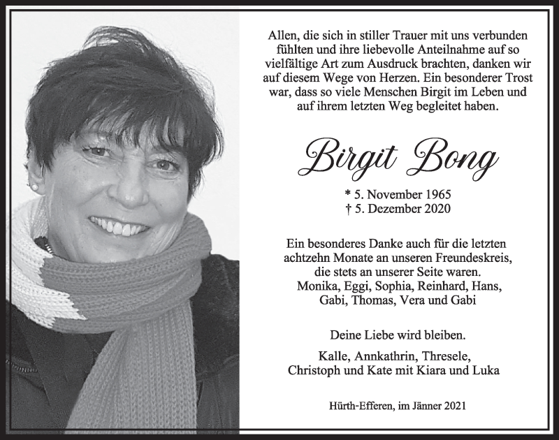  Traueranzeige für Birgit Bong vom 22.01.2021 aus  Wochenende 