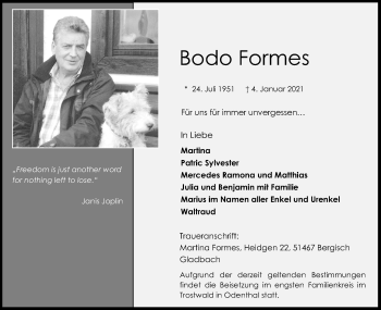 Anzeige von Bodo Formes von Kölner Stadt-Anzeiger / Kölnische Rundschau / Express