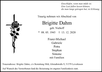 Anzeige von Brigitte Dahm von Kölner Stadt-Anzeiger / Kölnische Rundschau / Express