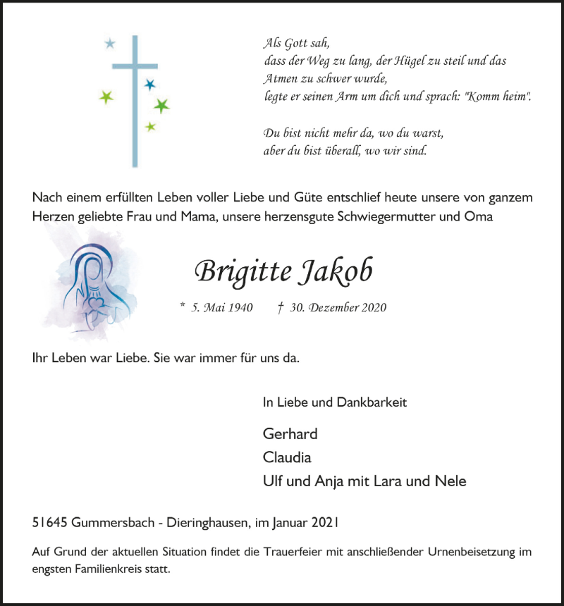  Traueranzeige für Brigitte Jakob vom 08.01.2021 aus  Anzeigen Echo 