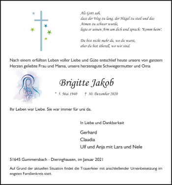 Anzeige von Brigitte Jakob von  Anzeigen Echo 