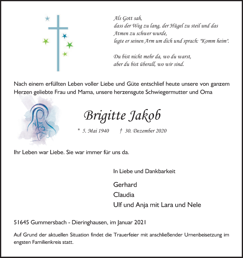  Traueranzeige für Brigitte Jakob vom 09.01.2021 aus Kölner Stadt-Anzeiger / Kölnische Rundschau / Express