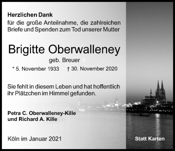 Anzeige von Brigitte Oberwalleney von Kölner Stadt-Anzeiger / Kölnische Rundschau / Express