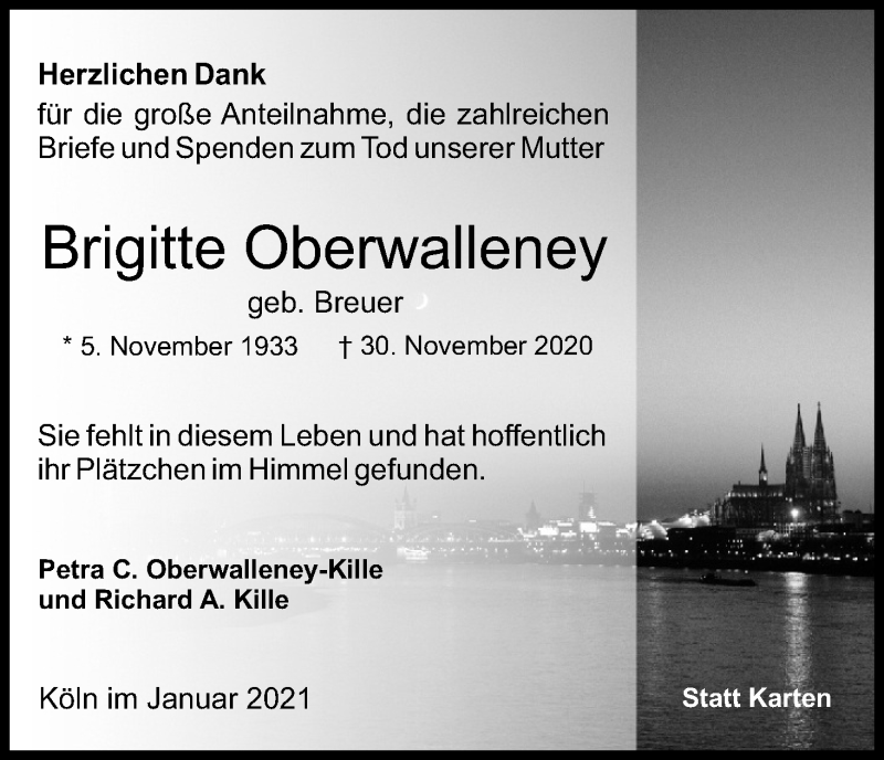  Traueranzeige für Brigitte Oberwalleney vom 30.01.2021 aus Kölner Stadt-Anzeiger / Kölnische Rundschau / Express