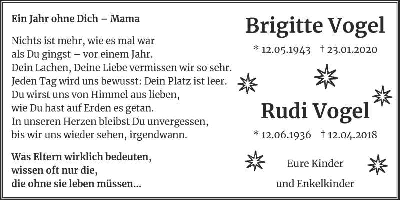  Traueranzeige für Brigitte Vogel vom 23.01.2021 aus  Blickpunkt Euskirchen 