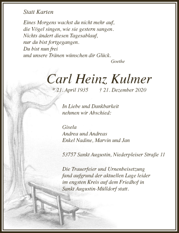 Anzeige von Carl Heinz Kulmer von  Extra Blatt 