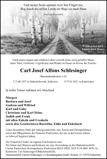 Anzeige von Carl Josef  Schlesinger von Kölner Stadt-Anzeiger / Kölnische Rundschau / Express