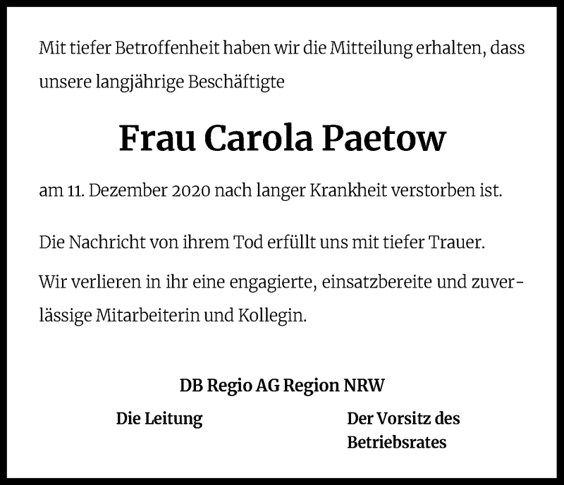  Traueranzeige für Carola Paetow vom 11.01.2021 aus Kölner Stadt-Anzeiger / Kölnische Rundschau / Express