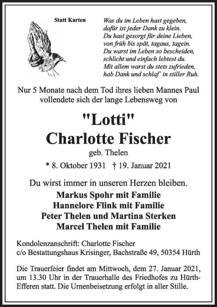  Traueranzeige für Charlotte Fischer vom 22.01.2021 aus  Wochenende 
