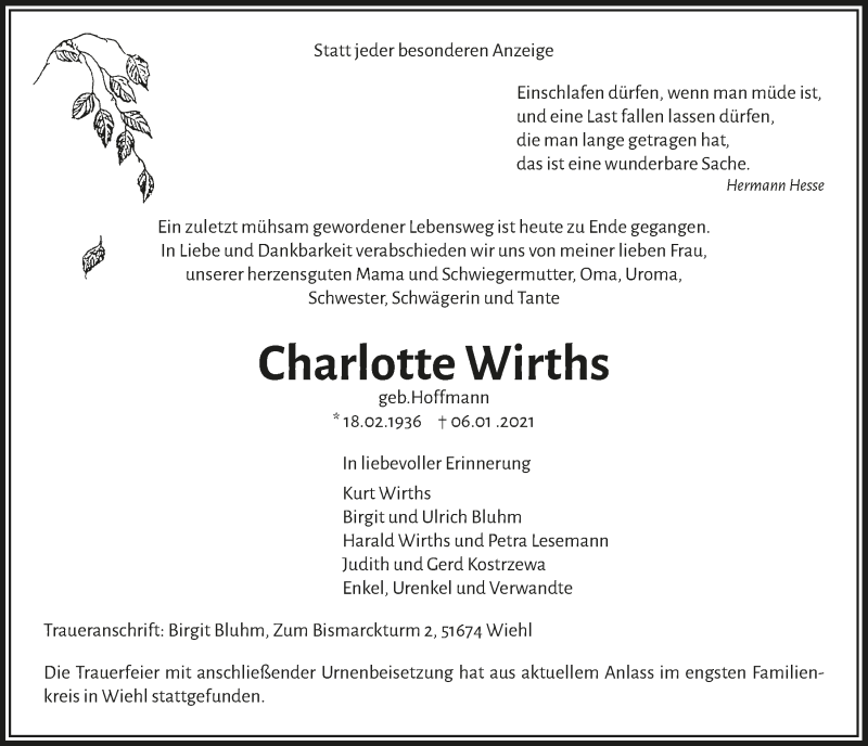  Traueranzeige für Charlotte Wirths vom 15.01.2021 aus  Anzeigen Echo 