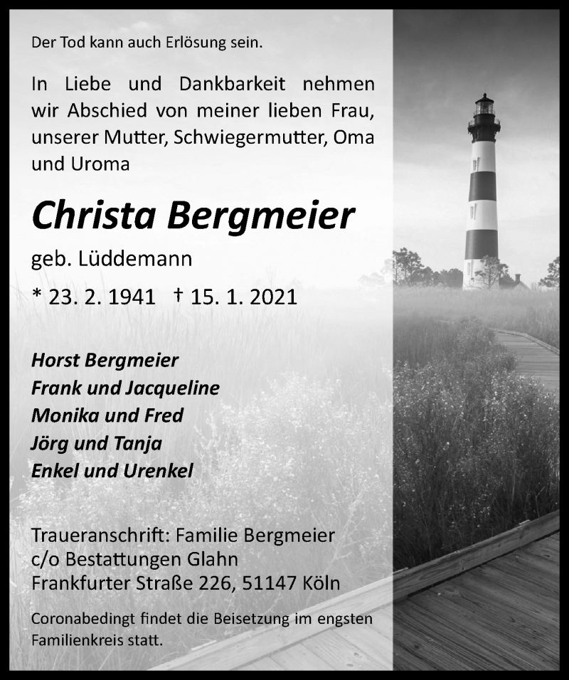  Traueranzeige für Christa Bergmeier vom 22.01.2021 aus  Kölner Wochenspiegel 