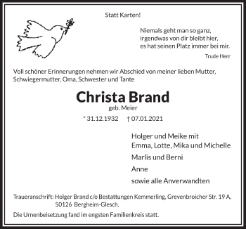 Anzeige von Christa Brand von  Werbepost 