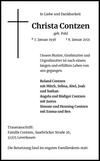 Anzeige von Christa Contzen von Kölner Stadt-Anzeiger / Kölnische Rundschau / Express