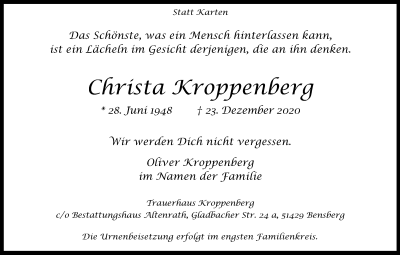  Traueranzeige für Christa Kroppenberg vom 02.01.2021 aus Kölner Stadt-Anzeiger / Kölnische Rundschau / Express