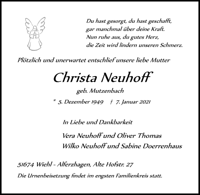  Traueranzeige für Christa Neuhoff vom 15.01.2021 aus  Anzeigen Echo 