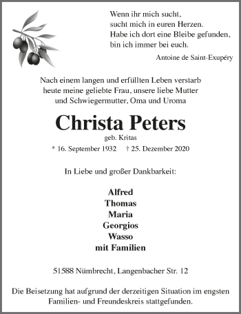 Anzeige von Christa Peters von  Lokalanzeiger 