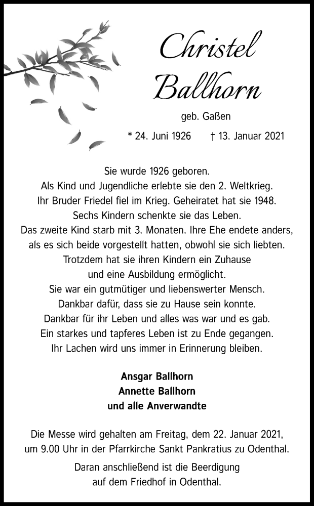  Traueranzeige für Christel Ballhorn vom 20.01.2021 aus Kölner Stadt-Anzeiger / Kölnische Rundschau / Express