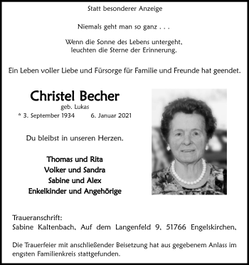 Anzeige von Christel Becher von Kölner Stadt-Anzeiger / Kölnische Rundschau / Express