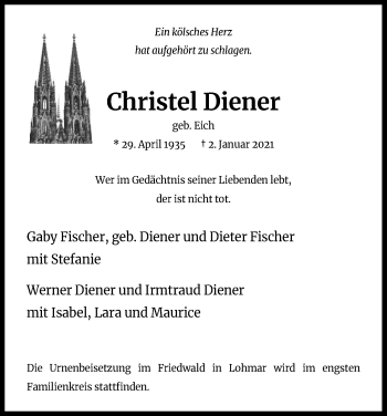 Anzeige von Christel Diener von Kölner Stadt-Anzeiger / Kölnische Rundschau / Express