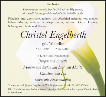 Anzeige von Christel Engelberth von  Anzeigen Echo  Lokalanzeiger 