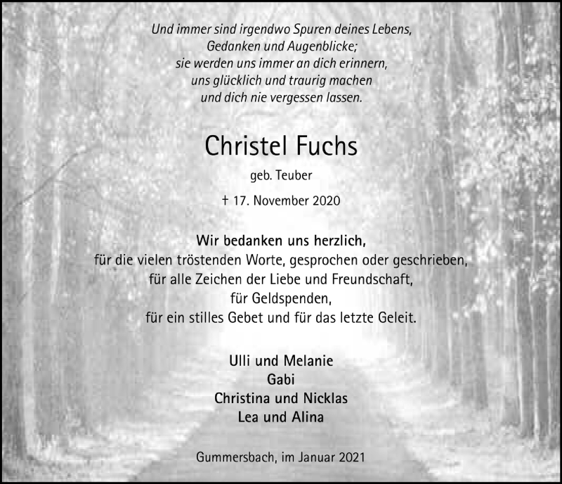  Traueranzeige für Christel Fuchs vom 22.01.2021 aus  Anzeigen Echo 