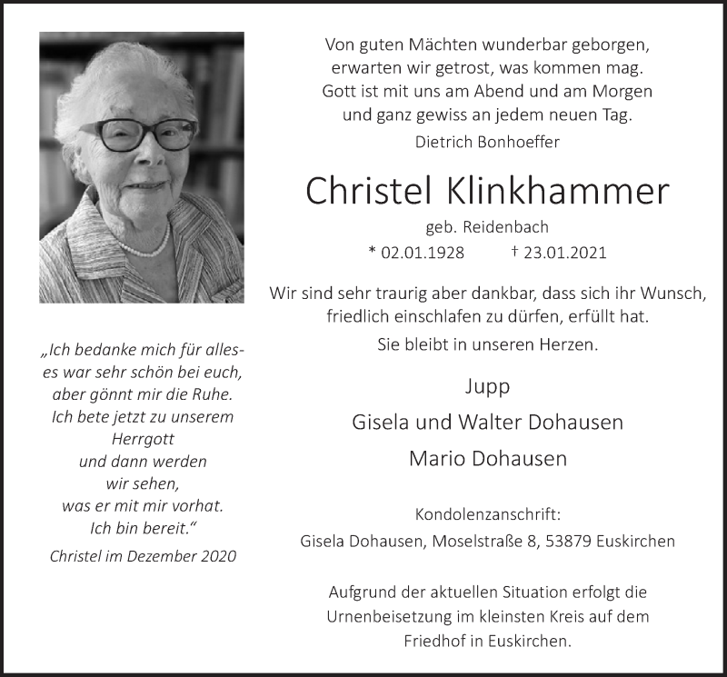  Traueranzeige für Christel Klinkhammer vom 30.01.2021 aus  Blickpunkt Euskirchen 