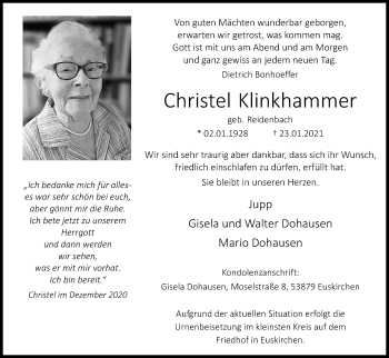 Anzeige von Christel Klinkhammer von Kölner Stadt-Anzeiger / Kölnische Rundschau / Express