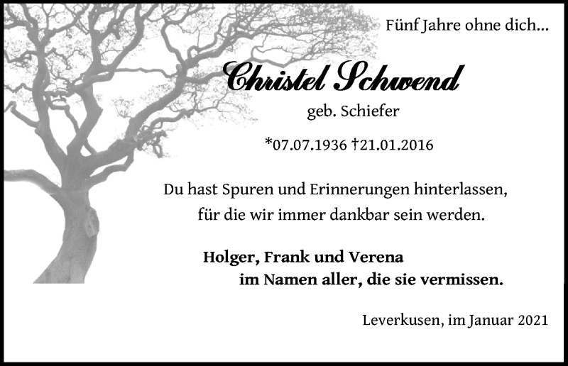  Traueranzeige für Christel Schwend vom 23.01.2021 aus Kölner Stadt-Anzeiger / Kölnische Rundschau / Express