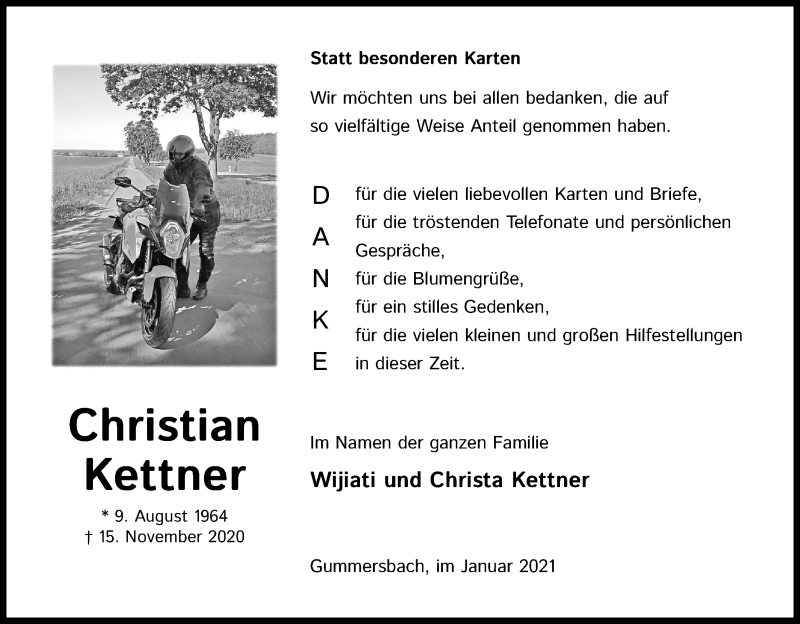  Traueranzeige für Christian Kettner vom 16.01.2021 aus Kölner Stadt-Anzeiger / Kölnische Rundschau / Express