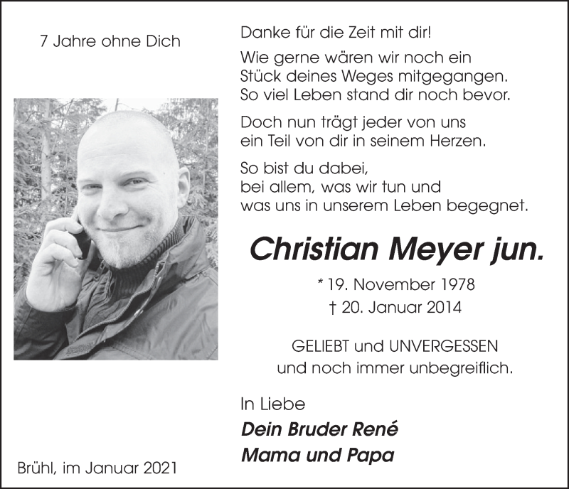  Traueranzeige für Christian Meyer vom 15.01.2021 aus  Schlossbote/Werbekurier 