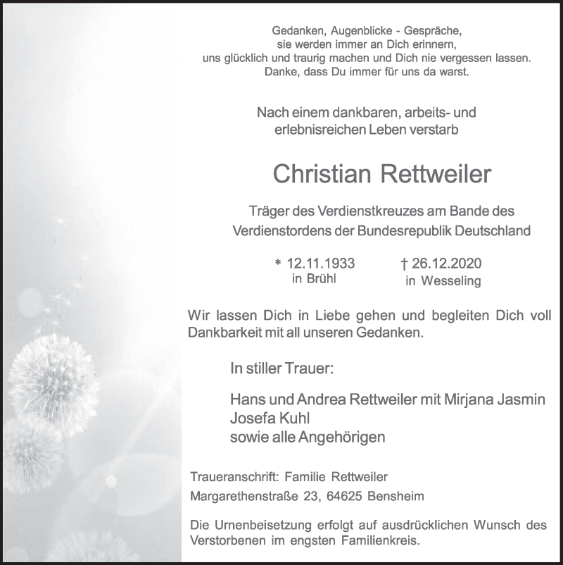 Traueranzeige für Christian Rettweiler vom 08.01.2021 aus  Schlossbote/Werbekurier 