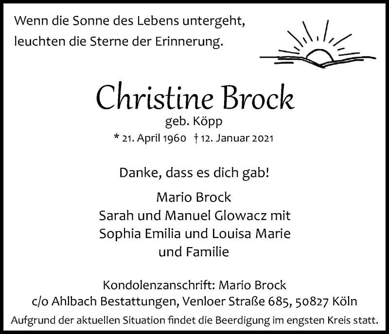  Traueranzeige für Christine Brock vom 16.01.2021 aus Kölner Stadt-Anzeiger / Kölnische Rundschau / Express