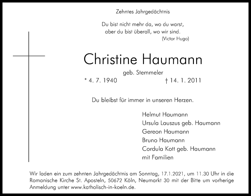  Traueranzeige für Christine Haumann vom 13.01.2021 aus Kölner Stadt-Anzeiger / Kölnische Rundschau / Express