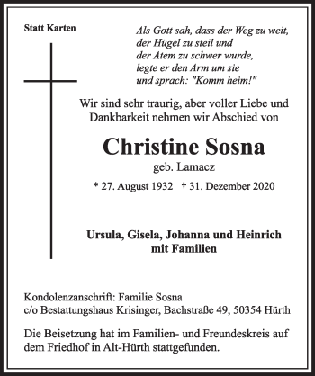 Anzeige von Christine Sosna von  Wochenende 