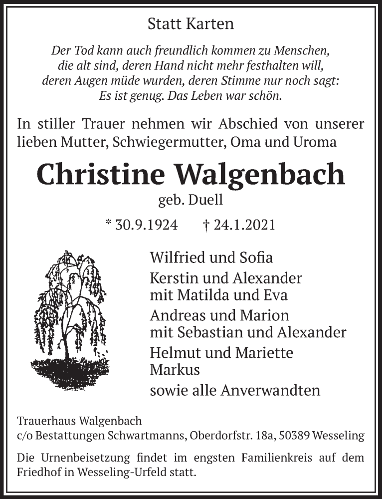  Traueranzeige für Christine Walgenbach vom 29.01.2021 aus  Schlossbote/Werbekurier 